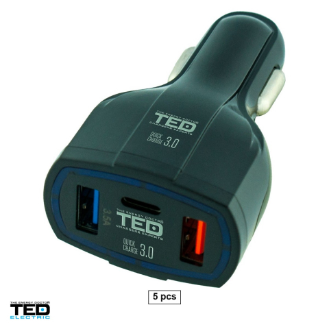 Accesorii IT - Set 5 incarcatoare auto TED Electric TED500093, 2x USB-A si 1x USB-C, 2x 3,5 A + 1x 1,8 A, Fast Charge, priza bricheta