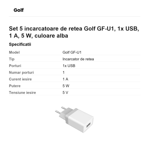 Set 5 incarcatoare de retea Golf GF-U1, 1x USB, 1 A, 5 W, culoare alba [2]