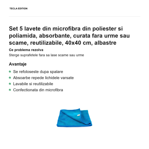 Set 5 lavete din microfibra din poliester si poliamida, absorbante, curata fara urme sau scame, reutilizabile, 40x40 cm, albastre [1]