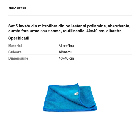 Set 5 lavete din microfibra din poliester si poliamida, absorbante, curata fara urme sau scame, reutilizabile, 40x40 cm, albastre [2]