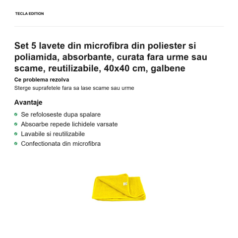 Set 5 lavete din microfibra din poliester si poliamida, absorbante, curata fara urme sau scame, reutilizabile, 40x40 cm, galbene [1]