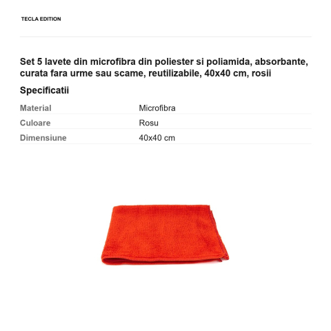 Set 5 lavete din microfibra din poliester si poliamida, absorbante, curata fara urme sau scame, reutilizabile, 40x40 cm, rosii [2]