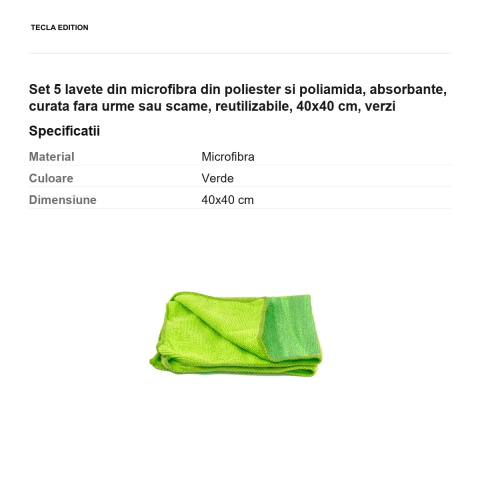 Set 5 lavete din microfibra din poliester si poliamida, absorbante, curata fara urme sau scame, reutilizabile, 40x40 cm, verzi [2]