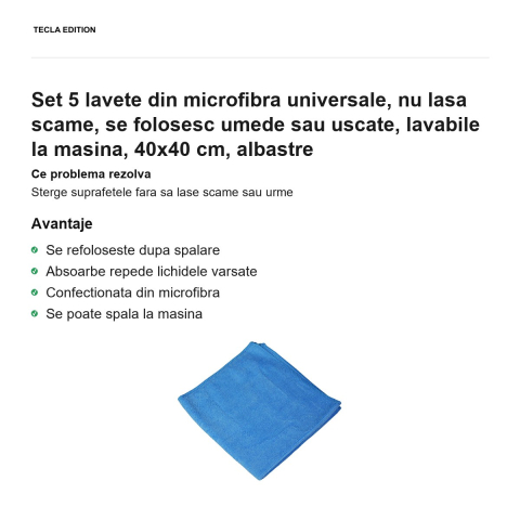 Set 5 lavete din microfibra universale, nu lasa scame, se folosesc umede sau uscate, lavabile la masina, 40x40 cm, albastre [1]