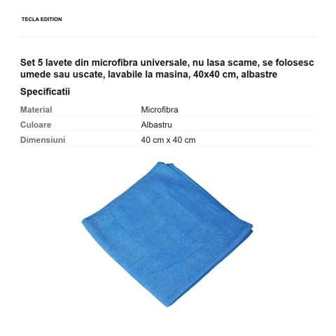 Set 5 lavete din microfibra universale, nu lasa scame, se folosesc umede sau uscate, lavabile la masina, 40x40 cm, albastre [2]