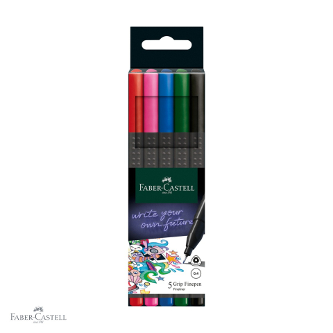 Linere - Set 5 linere 0.4mm Faber-Castell Basic Grip, varf fin, forma ergonomica triunghiulara, culori standard