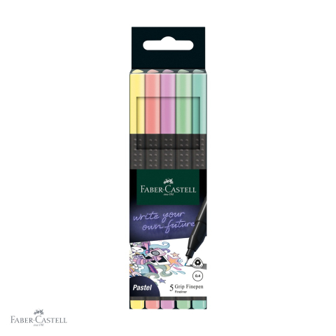 Linere - Set 5 linere 0.4mm Faber-Castell Grip, culori pastel, forma ergonomica triunghiulara
