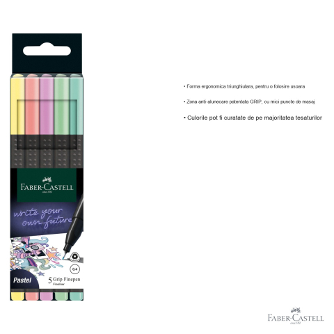Set 5 linere 0.4mm Faber-Castell Grip, culori pastel, forma ergonomica triunghiulara [2]