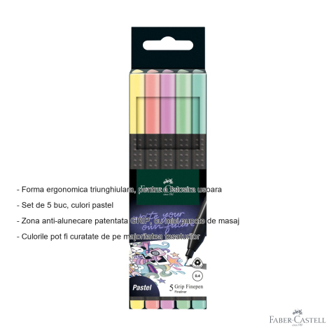 Set 5 linere 0.4mm Faber-Castell Grip, culori pastel, forma ergonomica triunghiulara [1]