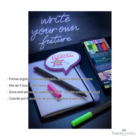 Set 5 linere neon Faber-Castell Grip 0.4mm, varf fin, forma ergonomica triunghiulara [1]