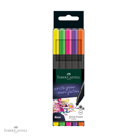 Linere - Set 5 linere neon Faber-Castell Grip 0.4mm, varf fin, forma ergonomica triunghiulara