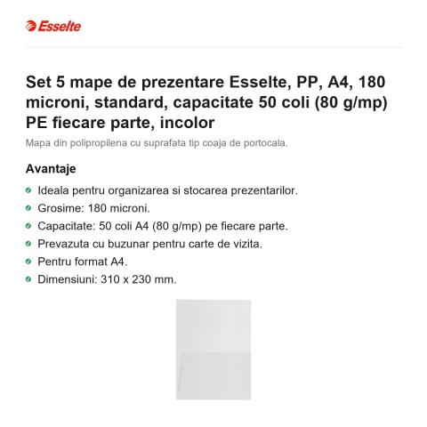 Set 5 mape de prezentare Esselte, PP, A4, 180 microni, standard, capacitate 50 coli (80 g/mp) PE fiecare parte, incolor [1]