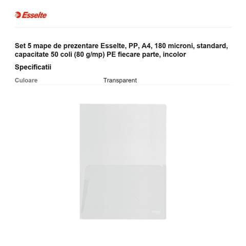 Set 5 mape de prezentare Esselte, PP, A4, 180 microni, standard, capacitate 50 coli (80 g/mp) PE fiecare parte, incolor [2]