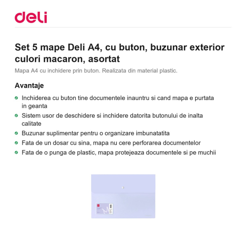 Set 5 mape Deli A4, cu buton, buzunar exterior culori macaron, asortat [1]