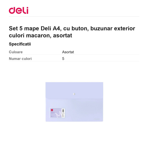 Set 5 mape Deli A4, cu buton, buzunar exterior culori macaron, asortat [2]