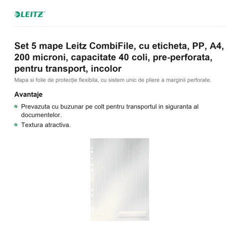 Set 5 mape Leitz CombiFile, cu eticheta, PP, A4, 200 microni, capacitate 40 coli, pre-perforata, pentru transport, incolor [1]