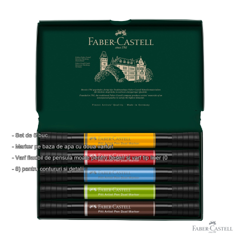 Set 5 markere duale Faber-Castell Pitt Artist Pen, varf pensula si liner, pentru desen si ilustratie [1]