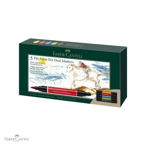 Markere si instrumente de desen artistic - Set 5 markere duale Faber-Castell Pitt Artist Pen, varf pensula si liner, pentru desen si ilustratie