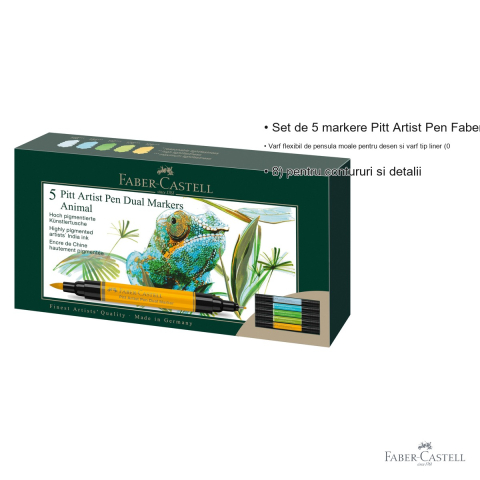 Set 5 markere Faber-Castell Pitt Artist Pen Dual, varf pensula si liner, tema Animals, pentru ilustratie si desen [2]