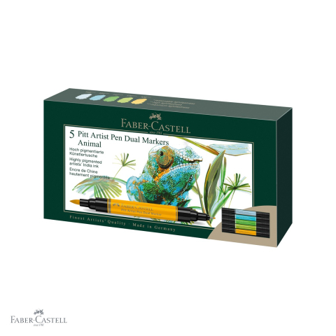 Markere si instrumente de desen artistic - Set 5 markere Faber-Castell Pitt Artist Pen Dual, varf pensula si liner, tema Animals, pentru ilustratie si desen
