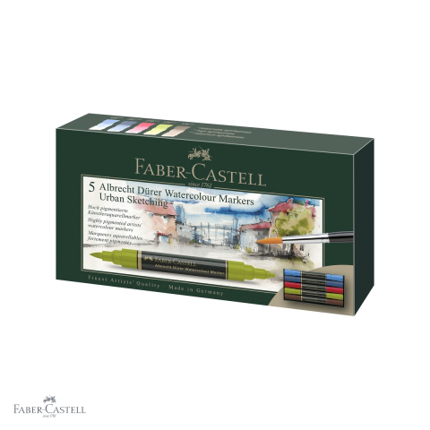 Markere si instrumente de desen artistic - Set 5 markere solubile dublu varf Faber-Castell A.Durer, pensula si fetru, pentru schite si acuarela