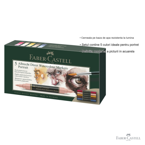 Set 5 markere solubile Faber-Castell Pitt Artist Pen, varf dublu pensula si fetru, culori pentru portret [2]