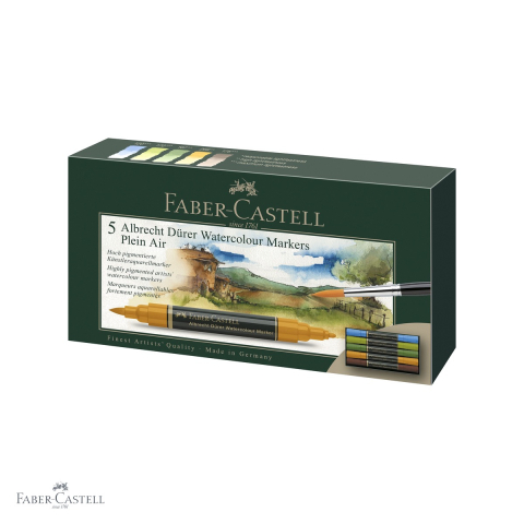 Markere si instrumente de desen artistic - Set 5 markere solubile Faber-Castell Pitt Artist Pen, varf dublu pensula si fetru, pentru pictura peisaj