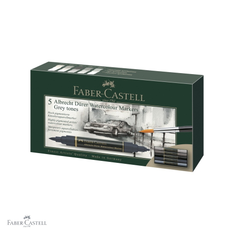 Markere si instrumente de desen artistic - Set 5 markere solubile tonuri de gri Faber-Castell A.Durer, varf dublu pensula si carioca, pentru acuarela si schite