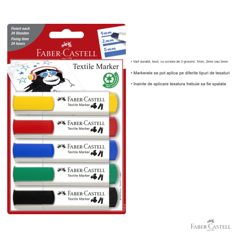 Set 5 markere textile Faber-Castell, varf tesit 3 grosimi, pentru personalizare tesaturi [2]