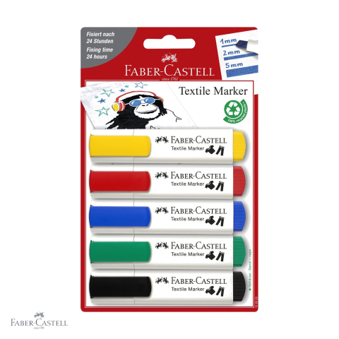 Markere textile - Set 5 markere textile Faber-Castell, varf tesit 3 grosimi, pentru personalizare tesaturi