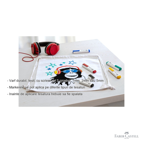Set 5 markere textile Faber-Castell, varf tesit 3 grosimi, pentru personalizare tesaturi [1]