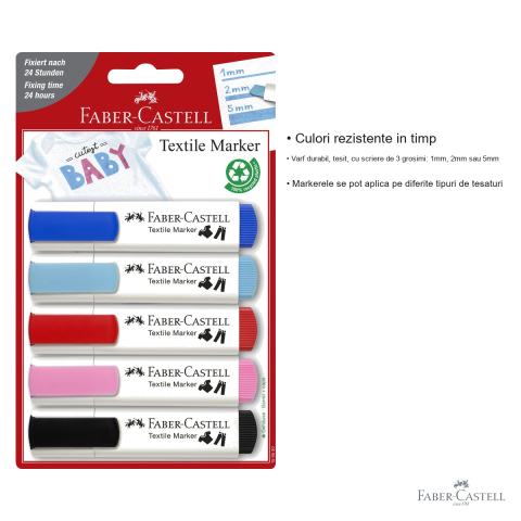 Set 5 markere textile Faber-Castell, varf tesit 3 grosimi, rosu si albastru, pentru personalizare tesaturi [2]