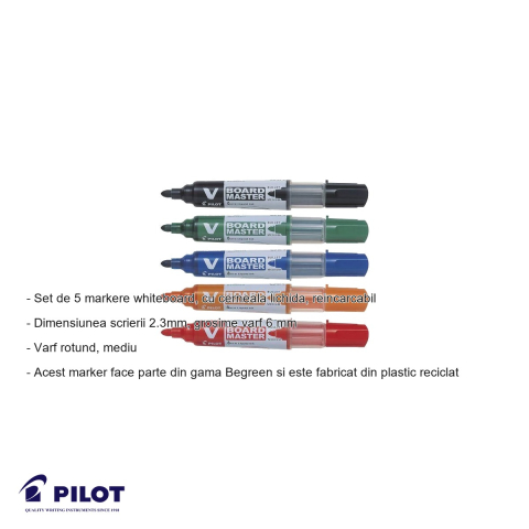 Set 5 markere whiteboard Pilot Vboard, varf rotund 6mm, cerneala lichida reincarcabila, din plastic reciclat [1]