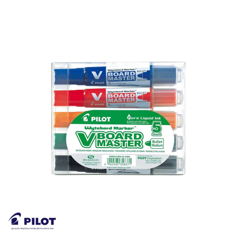 Marker permanent - Set 5 markere whiteboard Pilot Vboard, varf rotund 6mm, cerneala lichida reincarcabila, din plastic reciclat