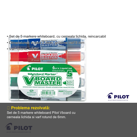 Set 5 markere whiteboard Pilot Vboard, varf rotund 6mm, cerneala lichida reincarcabila, din plastic reciclat [2]