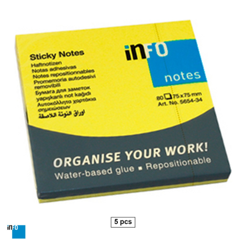 Birotica papetarie - Set 5 notesuri adezive inFO, 75x75 mm, 80 file, galben neon