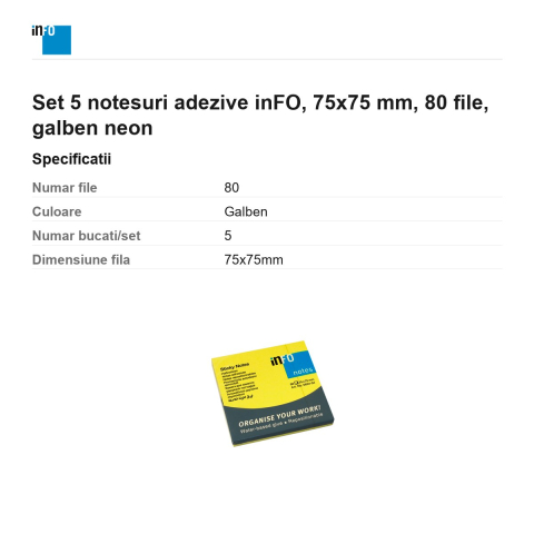 Set 5 notesuri adezive inFO, 75x75 mm, 80 file, galben neon [2]