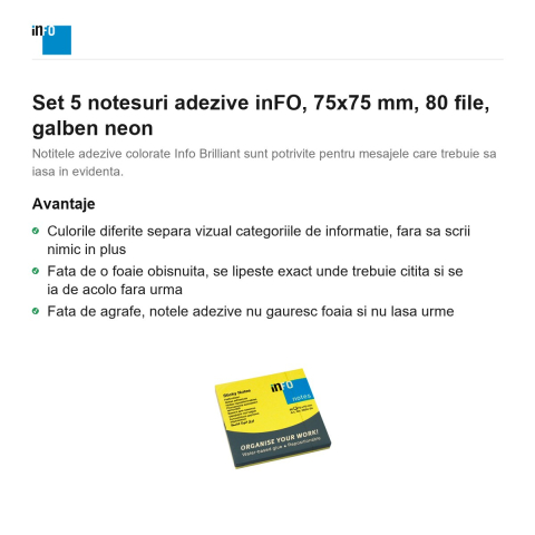 Set 5 notesuri adezive inFO, 75x75 mm, 80 file, galben neon [1]