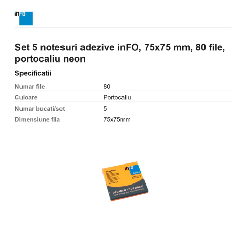 Set 5 notesuri adezive inFO, 75x75 mm, 80 file, portocaliu neon [2]