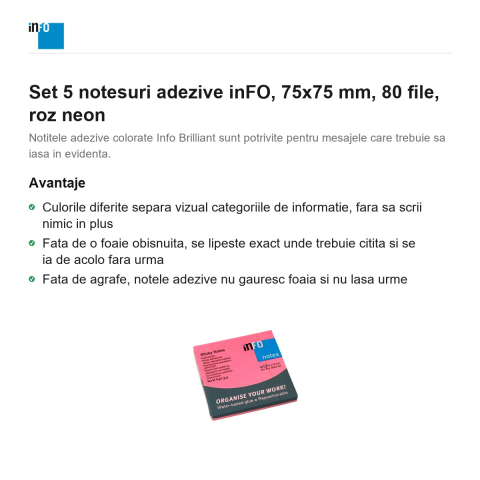 Set 5 notesuri adezive inFO, 75x75 mm, 80 file, roz neon [1]