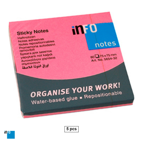 Birotica papetarie - Set 5 notesuri adezive inFO, 75x75 mm, 80 file, roz neon