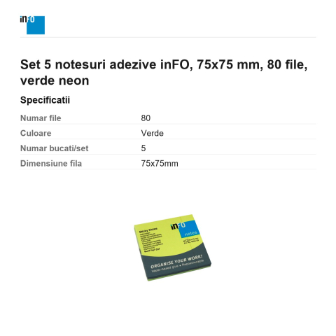 Set 5 notesuri adezive inFO, 75x75 mm, 80 file, verde neon [2]