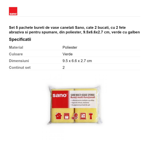 Set 5 pachete bureti de vase canelati Sano, cate 2 bucati, cu 2 fete abraziva si pentru spumare, din poliester, 9.5x6.6x2.7 cm, verde cu galben [2]