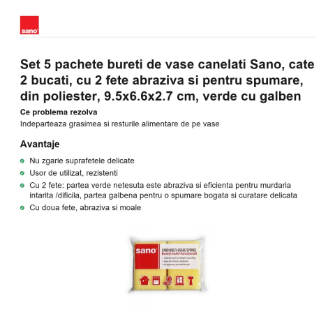 Set 5 pachete bureti de vase canelati Sano, cate 2 bucati, cu 2 fete abraziva si pentru spumare, din poliester, 9.5x6.6x2.7 cm, verde cu galben [1]