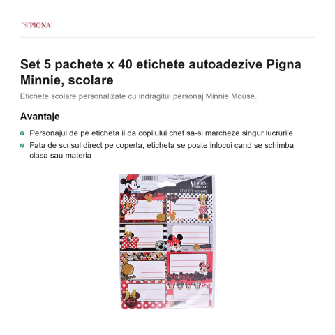 Set 5 pachete x 40 etichete autoadezive Pigna Minnie, scolare [1]