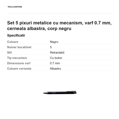 Set 5 pixuri metalice cu mecanism, varf 0.7 mm, cerneala albastra, corp negru [2]