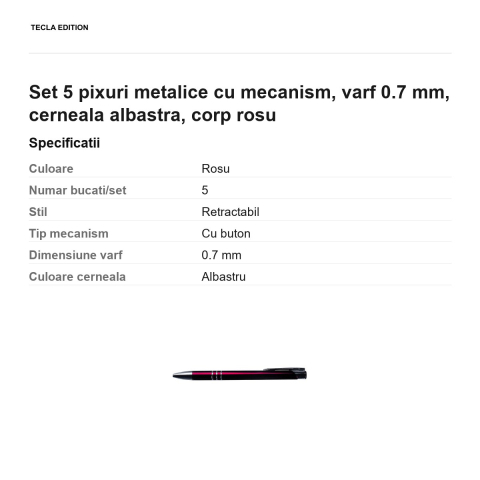 Set 5 pixuri metalice cu mecanism, varf 0.7 mm, cerneala albastra, corp rosu [2]