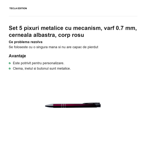 Set 5 pixuri metalice cu mecanism, varf 0.7 mm, cerneala albastra, corp rosu [1]
