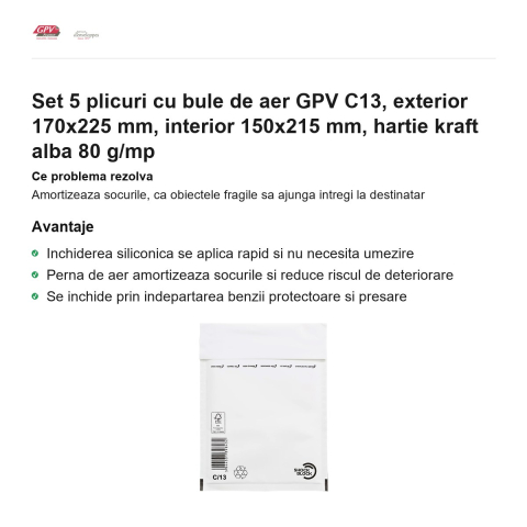 Set 5 plicuri cu bule de aer GPV C13, exterior 170x225 mm, interior 150x215 mm, hartie kraft alba 80 g/mp [1]