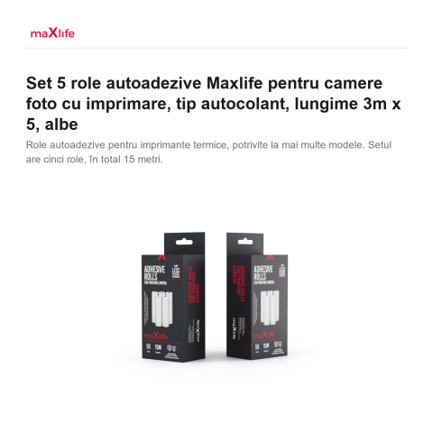 Set 5 role autoadezive Maxlife pentru camere foto cu imprimare, tip autocolant, lungime 3m x 5, albe [1]